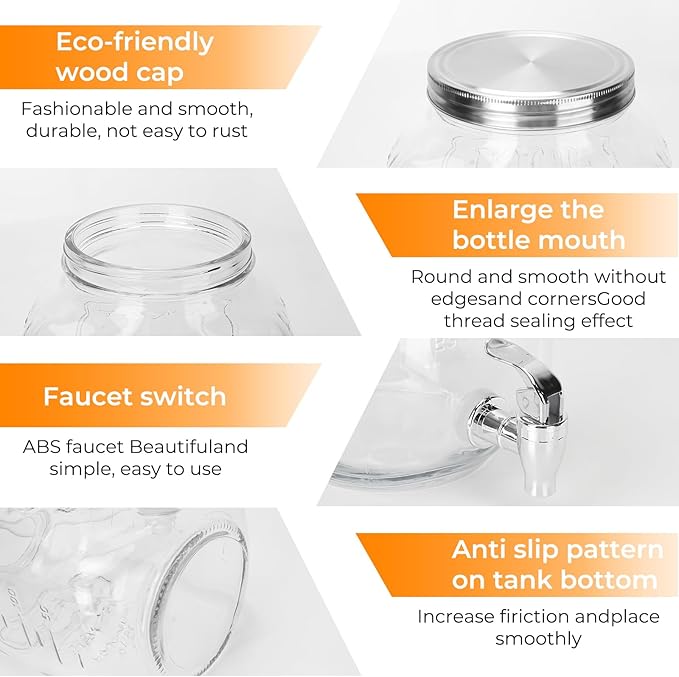 2 Gallon Glass Drink Dispensers, 1 Pack Clear Beverage Dispenser with Stand and Spigot for Parties, Drink Dispenser with Ice Core and Sticker for BBQ, Picnic, Lemonade Dispenser