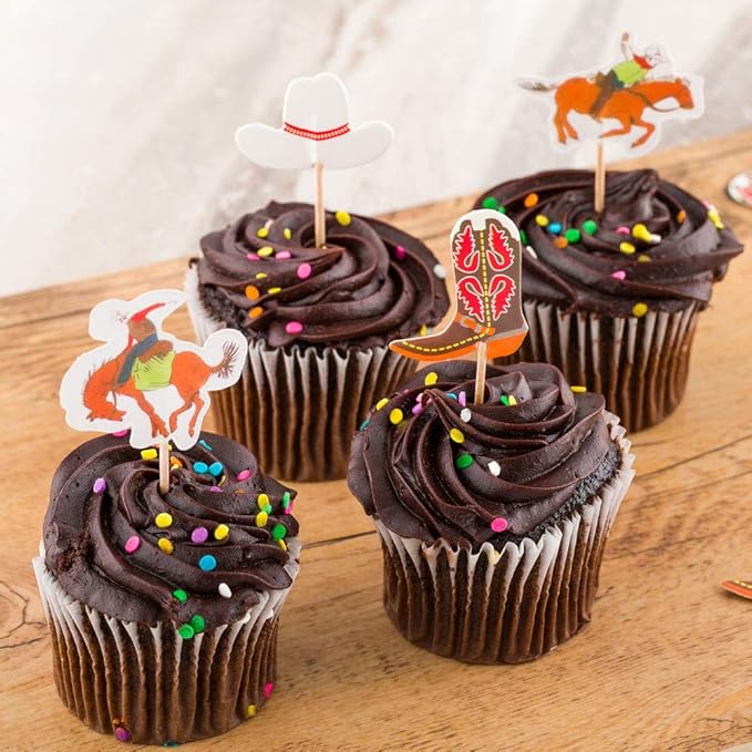 Restaurantware-Wild West Cupcake Toppers, 24 Assorted Western Cupcake Toppers - Includes Cowboys On Horses, A Cowboy Hat, And Cowboy Boot, For Dessert Or Pastry Display, Paper Birthday Decorations
