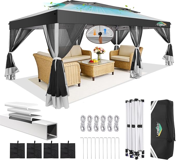 COBIZI 10x20 Pop up Gazebo, One-Push Setup Canopy Tent with Mosquito Netting & Vented Roof Design, Upgrade Metal Easy up Canopy Carpa Outdoor Gazebos for Backyard Camping Deck Party(White & Gray)