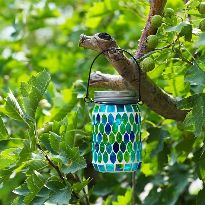 VOREEN Solar Powered Mosaic Mason Jar Lights, Colorful Stained Glass Lanterns for Outdoor Garden Decor, 2 Pack