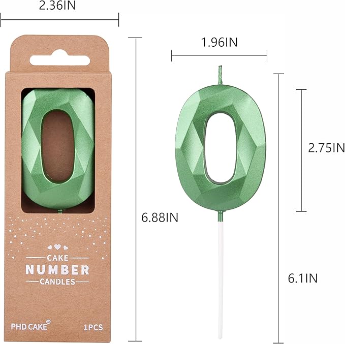 PHD CAKE 2.76 Inch Crystal Green 0 Number Cake Candle, Numeral Birthday Candles, Green Number Candles, Party Celebration