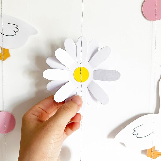 Pink Silly Goose 3D Daisy Flower Leaf Polka Dot Hanging Streamer Garland Banner for One Silly Goose Theme Birthday Baby Shower Wedding Bridal Shower Spring Summer Party Decorations Supplies