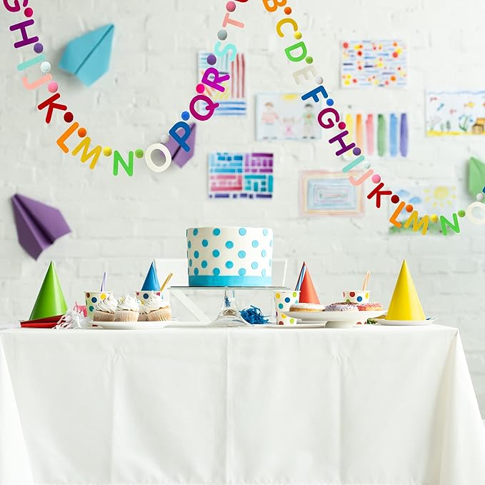 2 Pieces Alphabet Garland Rainbow ABC Wall Decor Colorful Pom Pom Garland 26 Balls Garlands for Classroom Party Home Decoration