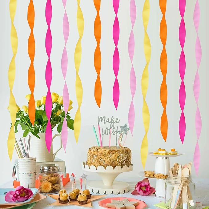 BEISHIDA 8 Rolls Yellow Orange and Pink Crepe Paper Streamers for Hippie Retro Boho Theme Party Decorations Wedding Birthday Baby Shower DIY Craft Paper(1.8 Inch x 82 Ft/Roll)