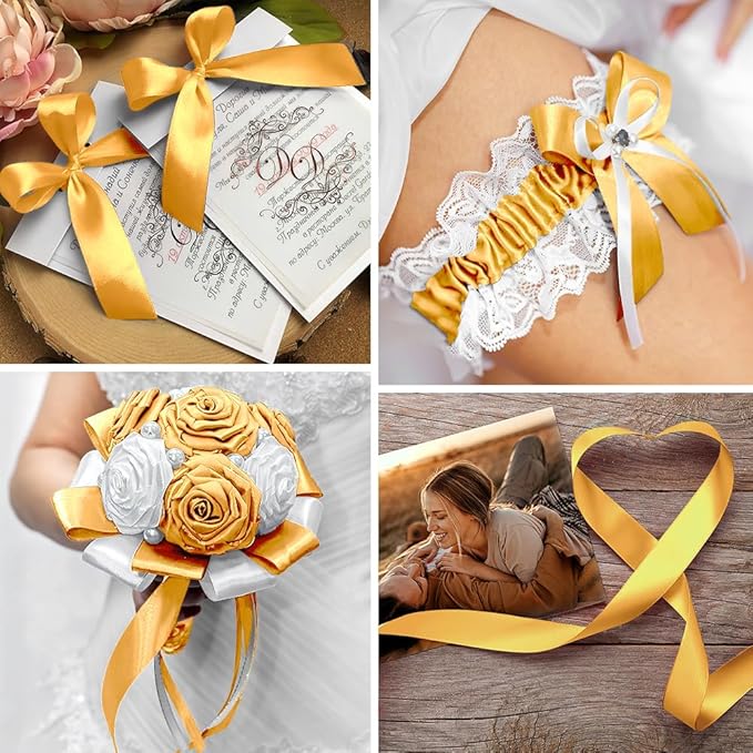 Gold Ribbon Gold Christmas Tree Ribbon, 1 Inch 25 Yds Ribbon for Gift Wrapping Hair Ribbon Gold Satin Ribbon Perfect for Halloween Balloon Ribbon Wedding Party Floral Bouquets Ribbon Candy Sewing