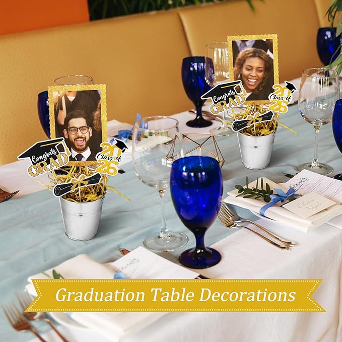Foilswirl 6 Set 2026 Graduation Table Centerpieces Photo Table Toppers with Small Galvanized Buckets and Shredded Paper Filler for Class of 2026 Graduation Party Decoration(Yellow)
