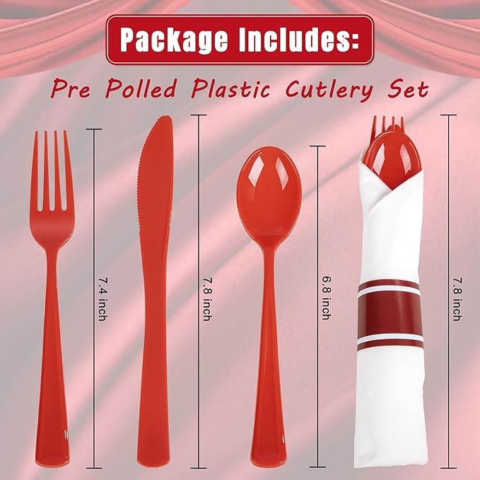 Liacere 400PCS Pre Rolled Red Silverware and Napkin - Disposable Red Plastic Utensils-Wrapped Plastic Cutlery Set with Napkin:100Forks,100Knives,100Spoons,100Napkins for Graduation & Memorial Day