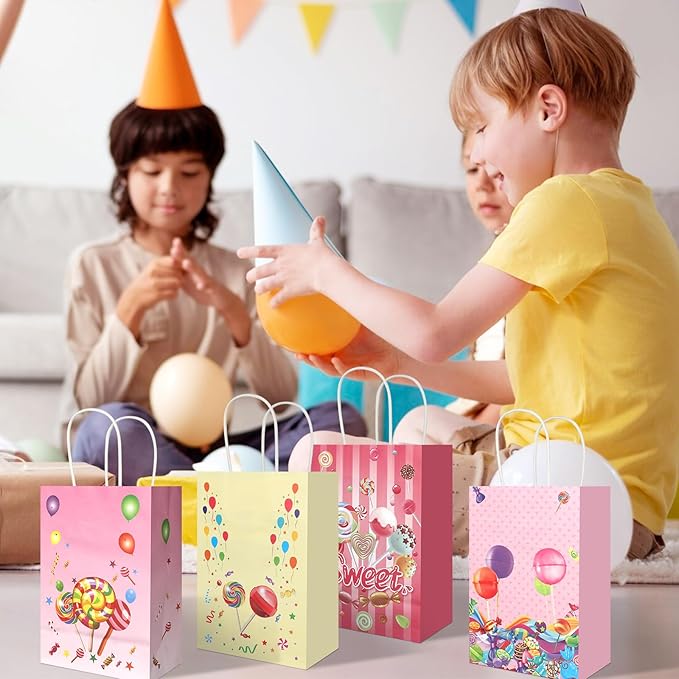 20Pcs Candyland Goodie Bags with Handles, Candy Party Favors Bags, Lollipop Paper Gift Bags, Sweet Candy Party Treat Gift Bags for Kids Birthday Baby Shower Wedding Party Supplies