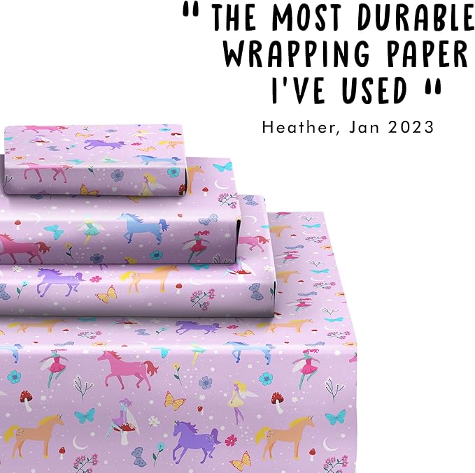 CENTRAL 23 - Fairies and Unicorn Wrapping Paper - 6 Sheets of Mystical Gift Wrap for Girls - Cute Butterfly and Flowers for Her - Pink Purple Birthday Giftwrap - Recyclable