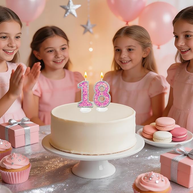 Number 8 Birthday Candle for Cake – Silver Glitter Edge with Pink Star Confetti – Decorative Number Cake Topper for Anniversary & Celebration Party Decor