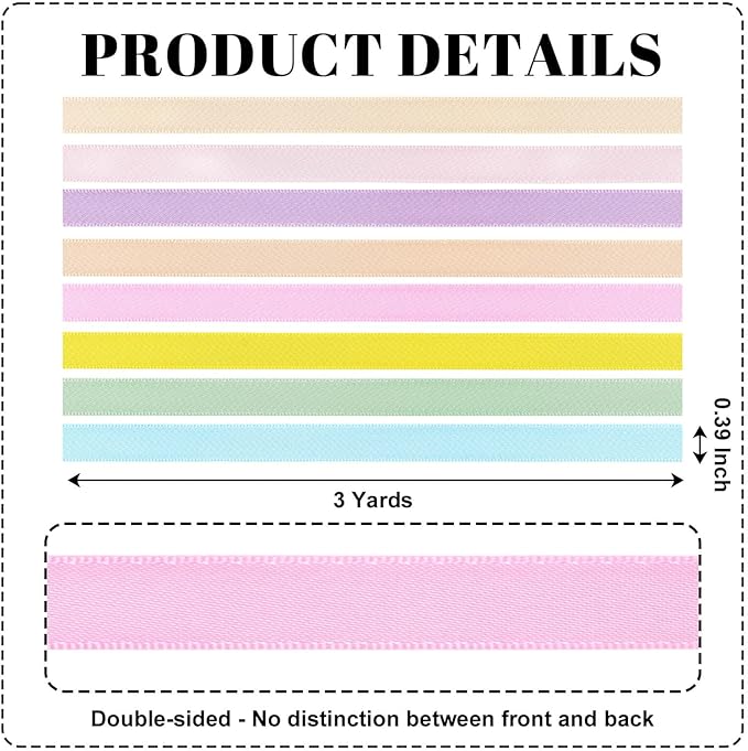 Pastel 3/8 Inch Grosgrain Ribbon Set, 8 Pack x 3 Yards (24 Yards Total), Craft Ribbon for Easter Hair Bows Gift Wrapping Baby Shower Spring Party Decoration