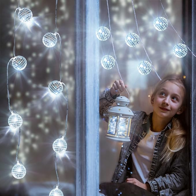 AceList 50 LED 16.4Ft Disco Ball String Light - Battery Powered and USB Plug, Disco Ball Lights for 70's Disco Party Decorations and Birthday Parties, Mamma Mia (Silver)