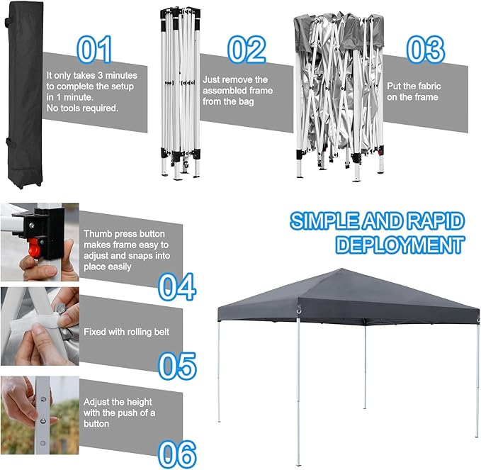 JupiterForce 10 x 10 Pop Up Canopy Tent Easy Set-up, Height Adjustable Outdoor Canopy Patio Waterproof Sun Shade Shelter Instant Canopy with Wheeled Carry Bag, Ropes