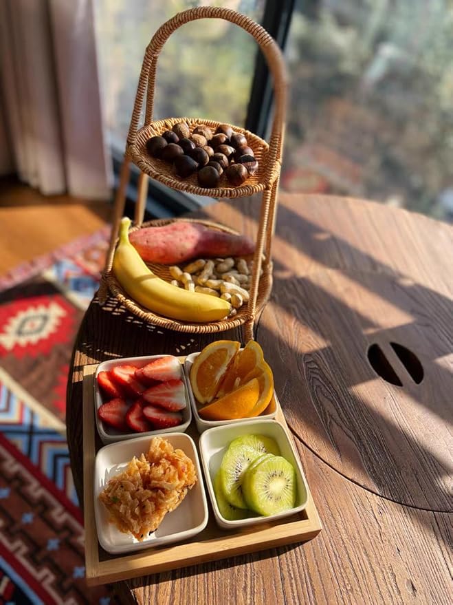 Landtom Two Tiered Rattan Serving Stand | Serving Tray for Party | Round Wooden Platter for Cupcakes, Fruits, Dessert, Tea, Dried Fruit, Candy Or Snack (Type A)