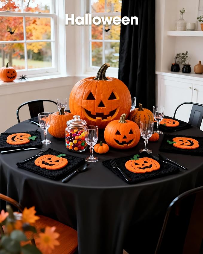 Pureegg Plastic Table Cloth Disposable 6 Pack, 84'' Round Table Cloths, Halloween Party Decorations, Summerween Decor, Halloween Tablecloths, Round, Plastic Cover, Waterproof, Black