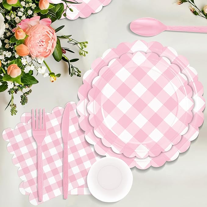 175 Pcs Pink Scalloped Gingham Party Supplies for 25 Guests, Pink and White Checkered Paper Plates, Cups and Napkins Sets for Baby & Bridal Shower, Wedding, Birthday Party, Outdoor Picnic