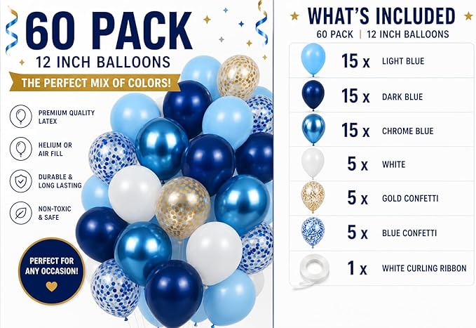 Metallic Blue Balloons 12 Inch – 60 Pack Blue & Gold Balloon Kit with Confetti, Light Blue, Dark Blue & Chrome Blue for Corporate Event Decor, Birthday, Baby Shower & Party Decorations