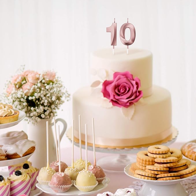 BBTO 10th Birthday Candles Number Candles Cake Topper Decoration for Birthday Wedding Anniversary Celebration Supplies(Rose Gold)