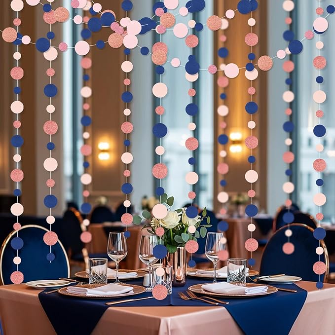 Outus 10 Pieces Blue,Pink,Rose Gold Round Dots Garland Graduation Party Hanging Decor Each Length 13.1ft Glitter Paper Dot Streamers for Birthday Wedding Classroom Supplies