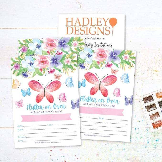 Hadley Designs Kids Birthday Invitations Girl Butterfly Theme - 25 Butterfly Birthday Party Invitations For Girls, Flutter on Over Invites For Girls, Cute Party Supplies, Made in USA