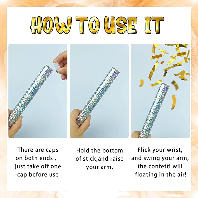 12 Pack Gold Confetti Wands Handheld Confetti Flick Flutter Sticks for Wedding Birthday Graduation Baby Shower Anniversary Christmas New Year's Party Celebrations Supplies