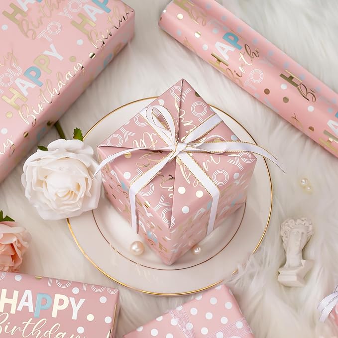 MAYPLUSS Reversible Pink Birthday Wrapping Paper Roll - 17 Inch X 16.5 Feet - Glitter Happy Birthday Lettering Metallic Foil Paper Girl Gift Wrap w/Polka Dot for Holiday Party Baby Shower Mother's Day