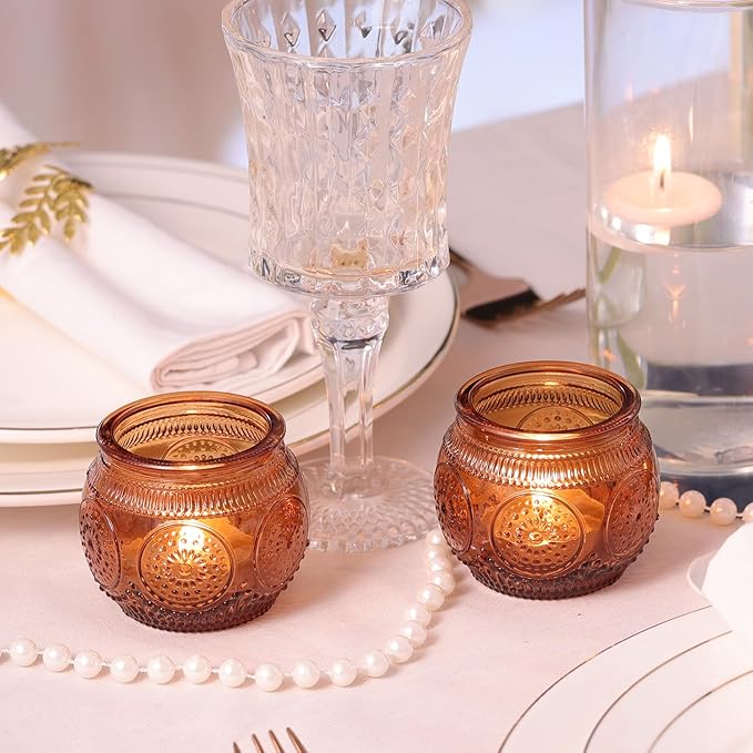 36 Pcs Amber Candle Holders Bulk- Floral Style Vintage Candle Holder for Rustic/Boho Wedding Table centerpieces, Bridal Shower, Baby Shower Decoration