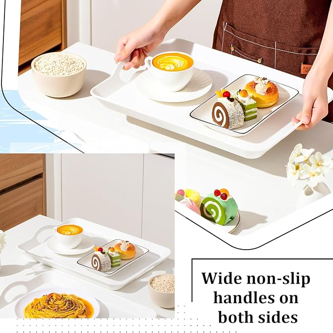 Kathfly 6 Pcs White Serving Trays with Handles Trays for Eating 16 x 11 Inch Multi Purpose Plastic Tray Rectangular Anti Skid Decorative Food Tray for Restaurant Breakfast Countertop Party Kitchen