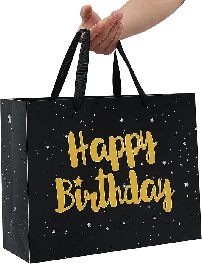 13" Large Black Gift Bag Set with Greeting Card and Tissue Papers (Stars and Gold Foil ‘Happy Birthday’) for Men's or Women's Party, Boys', Girls' or Kids' Birthday Parties, Baby Boy or Girl, 13”x5.2”x10.2”, 1 Pcs.