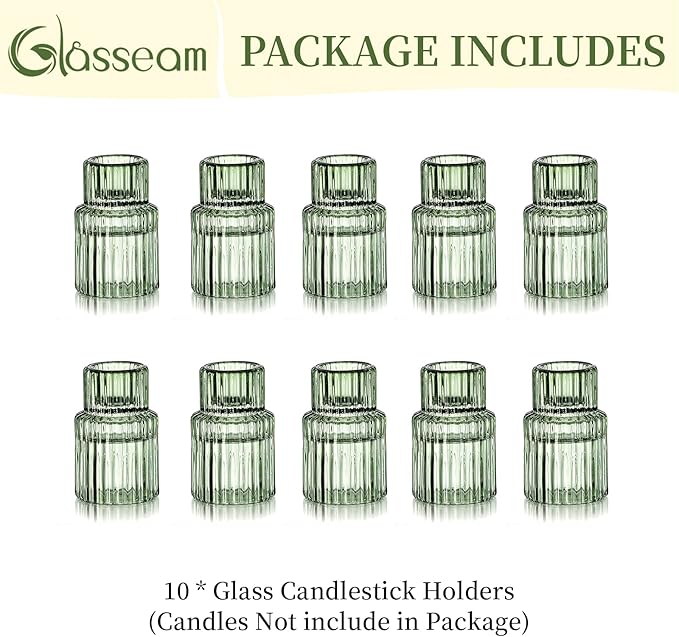 Glass Candle Sticks Holder Decor: Crystal Green Glass Candle Holder Set of 10 Modern Taper Candle Holders for Table Centerpiece Ribbed Tapered Candlestick Holders for Dining Room Decoration Valentines