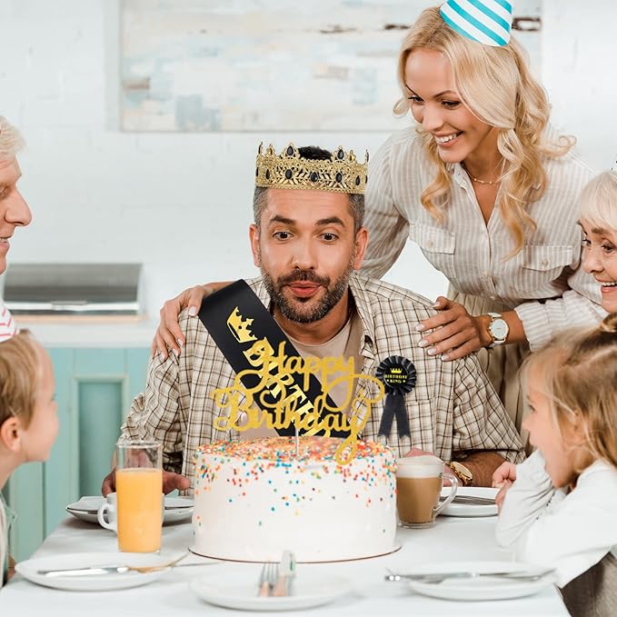 Junkin 5 Pieces Birthday Man Accessories Include King Crown King Sash Tinplate Badge Pin Brooch Hanging Chain Crown for Man Birthday Party(Adjustable Style,Small)