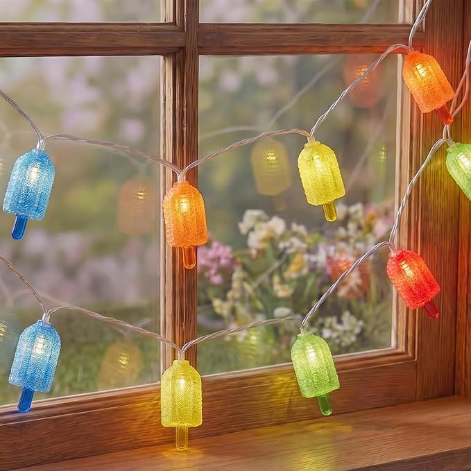 Tropical Beach Themed LED Popsicle String Lights 8.5Ft Summer Novelty Decorations Light with 10 Multicolor Ice Cream Lights, Plug in Fairy Light for Outdoor Patio Garden Bedroom Tent Birthday Party