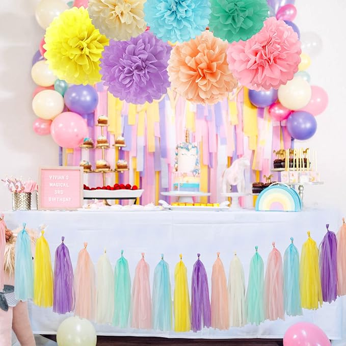 Pastel Rainbow Party-Decorations Tassel Garland - 21pcs Baby Shower Birthday Wedding Streamers,Peach Yellow Purple Blue Mint Ivory Tassels Banner Backdrop Decor Panduola