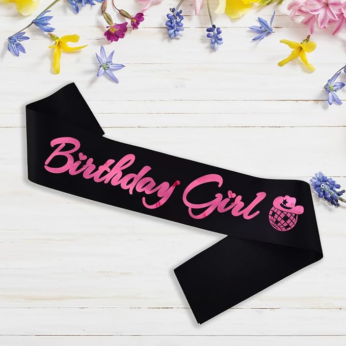 Birthday Girl Sash, Disco Cow Birthday Sash for Cowgirl Funny Birthday Gift Ideas Suppiles, Black+ Pink Foil