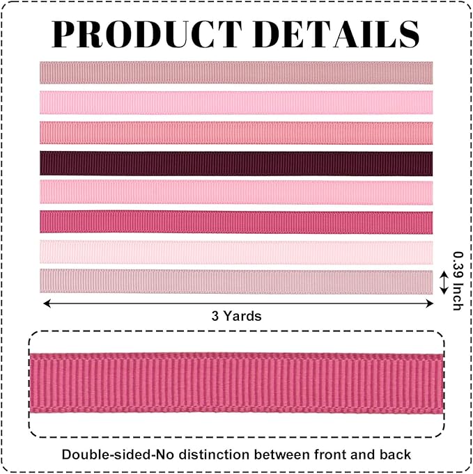 Dusty Rose 3/8 Inch Grosgrain Ribbon Set, 8 Pack x 3 Yards (24 Yards Total), Craft Ribbon for Wedding Bridal Shower Baby Girl Gift Wrapping and Hair Bows
