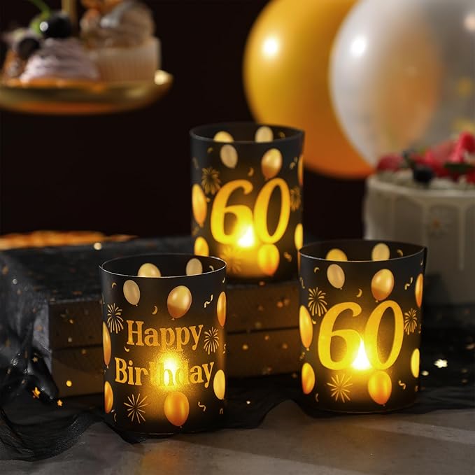 10 Sets 60th Happy Birthday Centerpieces for Table Black and Gold Birthday Decorations Lantern Boxes with Tea Lights Candles Centerpieces for Men Women 60th Party Supplies