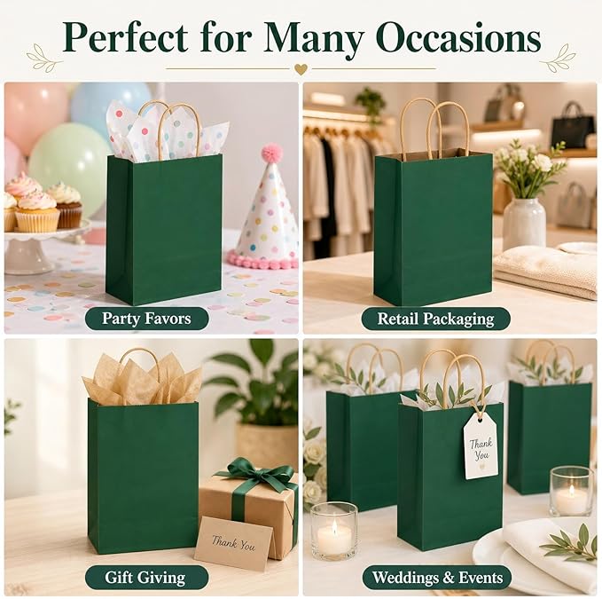 MAQIHAN 15 PCS Small Kraft Bags with Handles - Halloween Kraft Paper Bags Green Paper Craft Bag with Candy Festive Birthday Party Favor Shopping Small Business