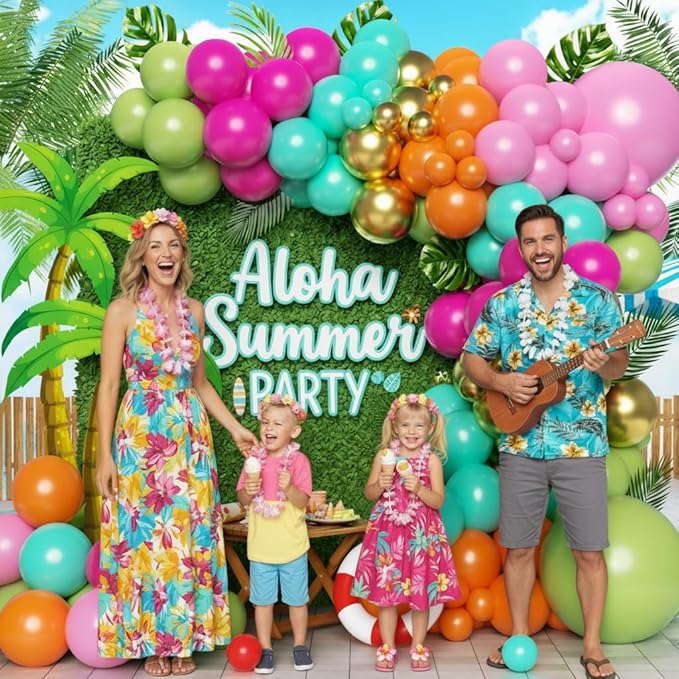 Flamingo Tropical Luau Balloons Arch Kit 162Pcs, Olive Green Hot Pink Orange Gold Summer Hawaiian Balloons Garland Kit for Aloha Birthday Baby Shower Summer Beach Pool Party Decorations