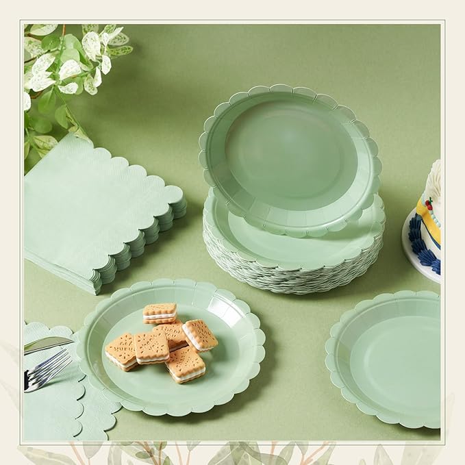 120 Pcs Sage Green Paper Plates and Napkins Party Supplies Bulk Disposable 7 Inch Scalloped Plates Cocktail Napkins for Wedding Bridal Baby Shower Birthday Decorations, Serve 60 Guests