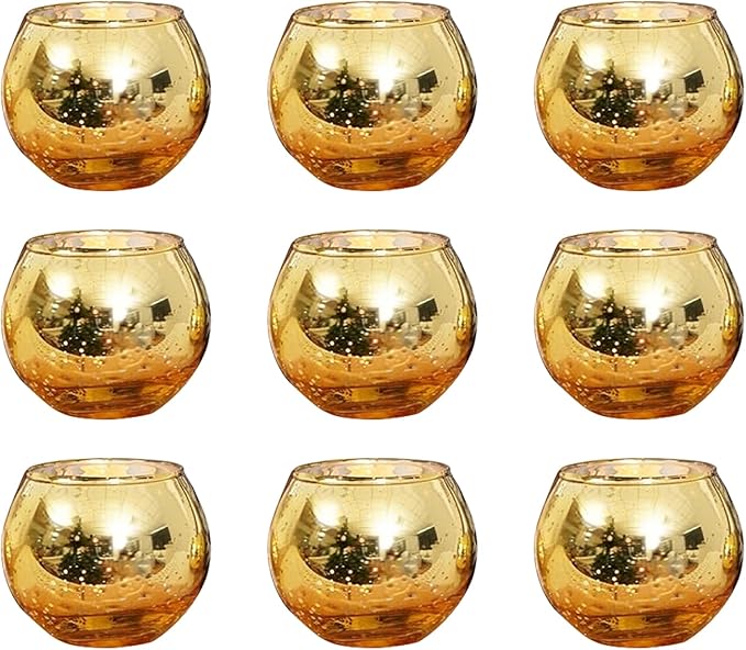 12 PCS/Set Gold Round Mercury Glass Candle Holders, Candle Holders for Table, Baby Shower,Anniversary, Wedding, Home Decor, Halloween, Christmas