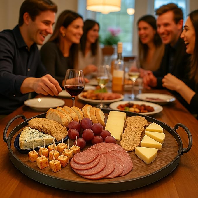 Acacia Wood Cheese Tray and Serving Board with Handles – Large Round Charcuterie Circle Board, Hardwood Platter for Entertaining and Serving, 14" Diameter