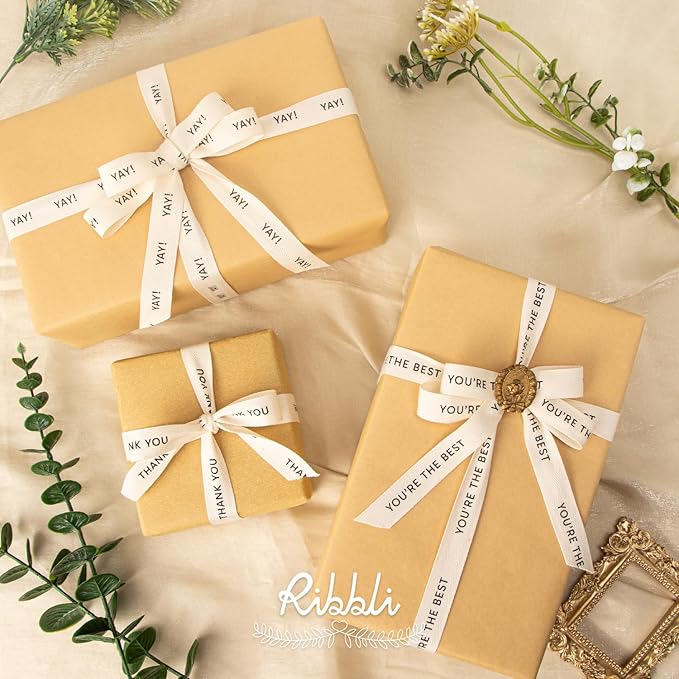 Ribbli Cotton Ribbon Natural Twill Tape Cotton with Black Yay Printed Farmhouse Ribbon Use for Gift Wrapping Baking Crafts Home Decor-5/8 Inch x 10 Yard