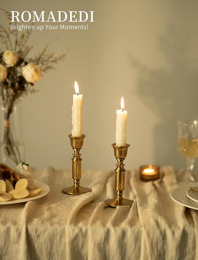 Gold Candle Holders Vintage Decor - Romadedi Solid Brass Candlestick Taper Holder for Wedding Christmas Table Centerpiece Mantel Home Decoration 5.5 Inch Set of 2