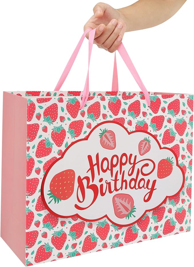 wishinside 13” Large Strawberry Happy Birthday Gift Bag Set with Handles, Greeting Card, Tissue Papers and Stickers for Girls Kids Teens Women, Cute Fruit Themed Birthday Design, 1 Pcs