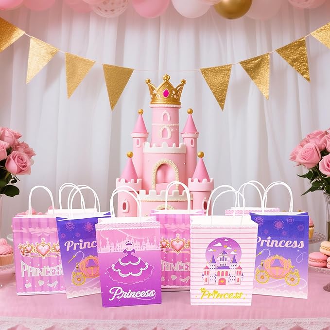 16Pcs Princess Goodie Bags, Pink Princess Party Favor Bags with Handles, 4 Styles Paper Thick Bottom Reusable Castle Treat Candy Gift Bags for Party Decorations Birthday Supplies Baby Shower Wedding(16)
