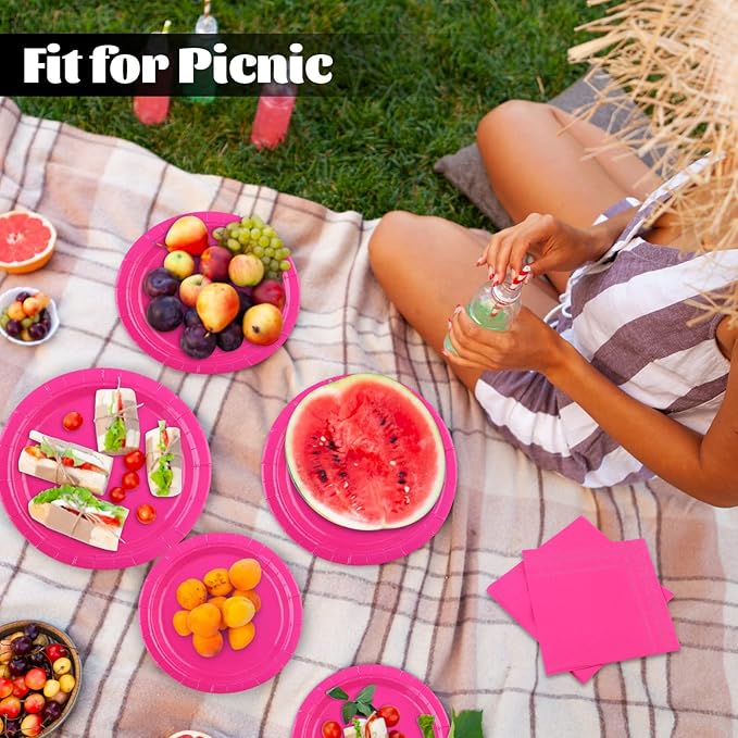 Ruisita 48 Pieces Hot Pink Party Supplies Solid Hot Pink Tableware Including 7 Inch and 9 Inch Paper Dinner Plates 2 Ply Napkins for Wedding, Birthday Party, Picnic, Barbecue (Serves 16)