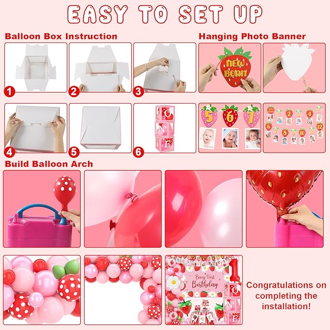 Berry First Birthday Decor, Strawberry 1st Birthday Decorations for Girls with Balloon Arch Kit Berry First Theme Balloon Boxes Crown Strawberry Cake Toppers Photo Banner Girl 1st Party supplies