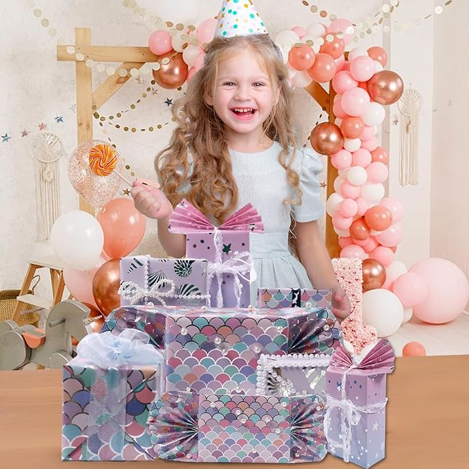 Pink Mermaid Wrapping Paper Roll - Mini Roll - 3 Rolls Pink Lavender Purple Foil Mermaid Scale Scallop Girls Wrapping Paper Gift Wrap for Girl Baby Shower Birthday Wedding-17x120 inch(10feet) Per Roll