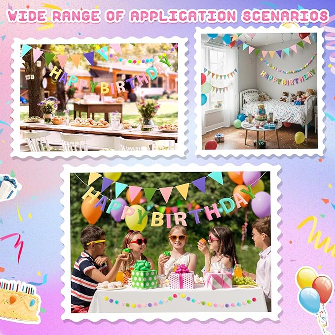 Mindsoft Pre Strung 3 Pcs Happy Birthday Banner Felt Ball Garland Multicolor Triangle Banner Reusable Bulk Rainbow Birthday Decorations for Girls Boys Women Men