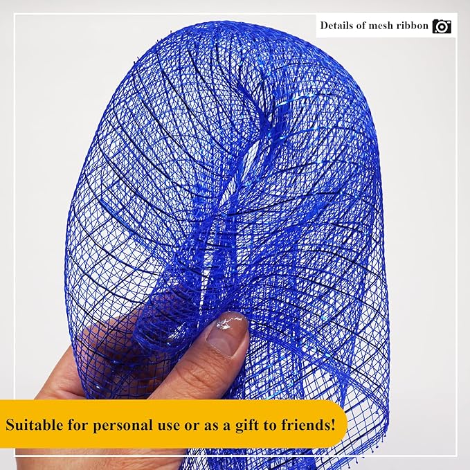 2 Pcs Deco Mesh Ribbon Rolls 10 Inch 10 Yards(30 ft) Decorative Mesh Fabric with Foil for Wreaths Christmas Tree Ribbon Door DIY Craft Halloween Decor Wedding Party Supplies (Royal Blue, 2Pcs)